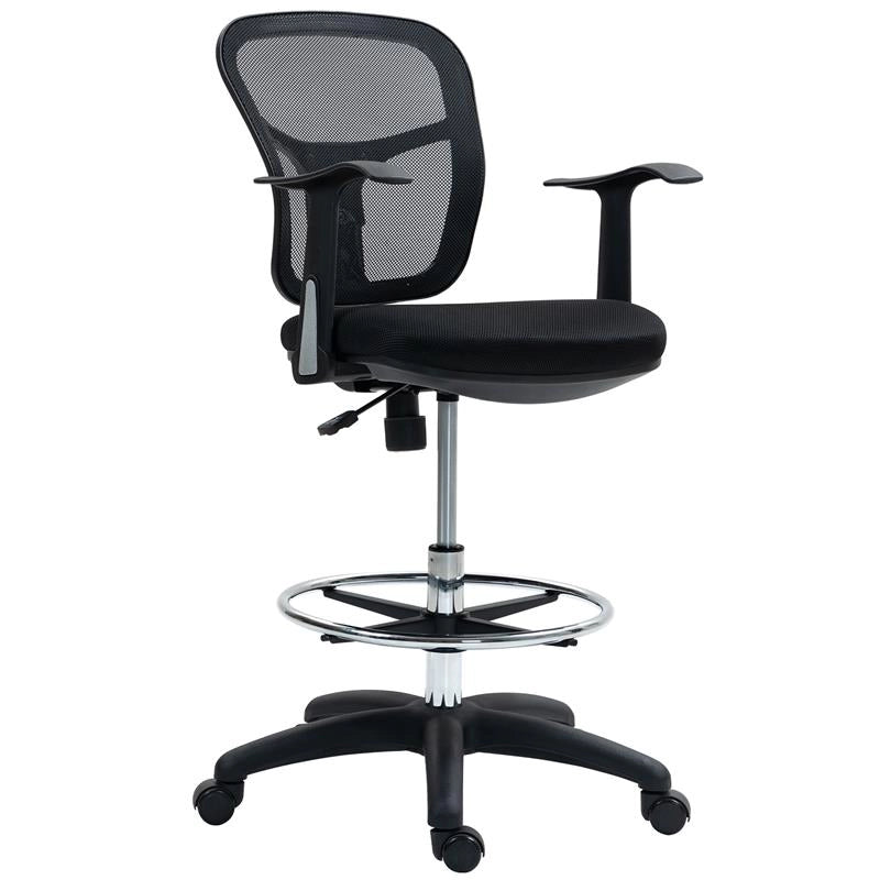 SEDIA GIREVOLE CON ANELLO POGGIAPIEDI E SCHIENALE RICURVO IN POLIESTERE SCHIUMA E PLASTICA 55X58X94 CM NERO
