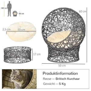 Cestino per gatti rialzato con cuscino, 2 pezzi, 50 x 50 x 60 cm, grigio