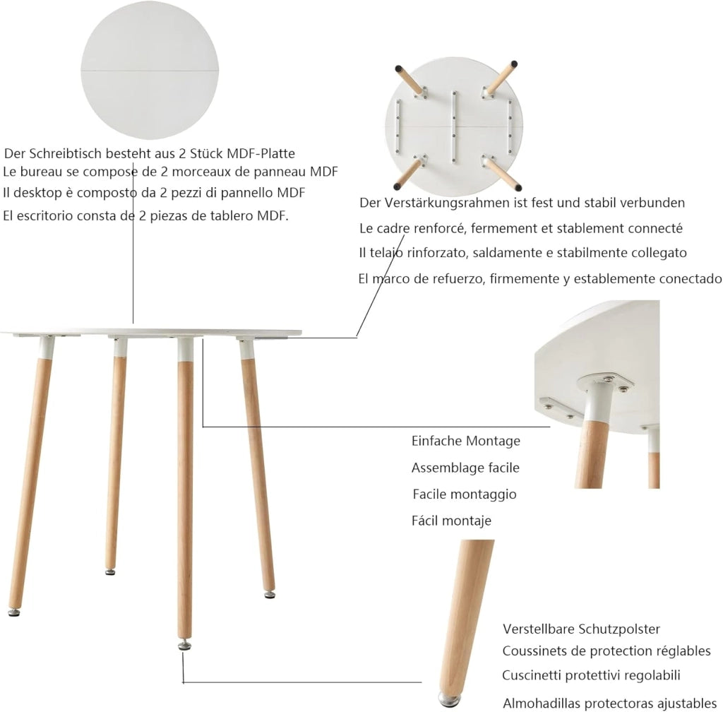 GrandCA HOME Tavolo da pranzo e 4 Sedie da Pranzo Set da Pranzo Moderno, Tavoli Rotonda Bianchi e Cuscino di Seduta in Tessuto Patchwork Sedie da Cucina, Blu