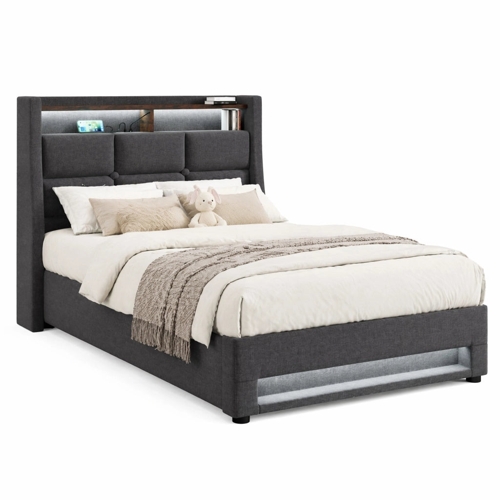 Letto imbottito 90x200 cm con LED e USB; contenitore con rete; effetto lino grigio