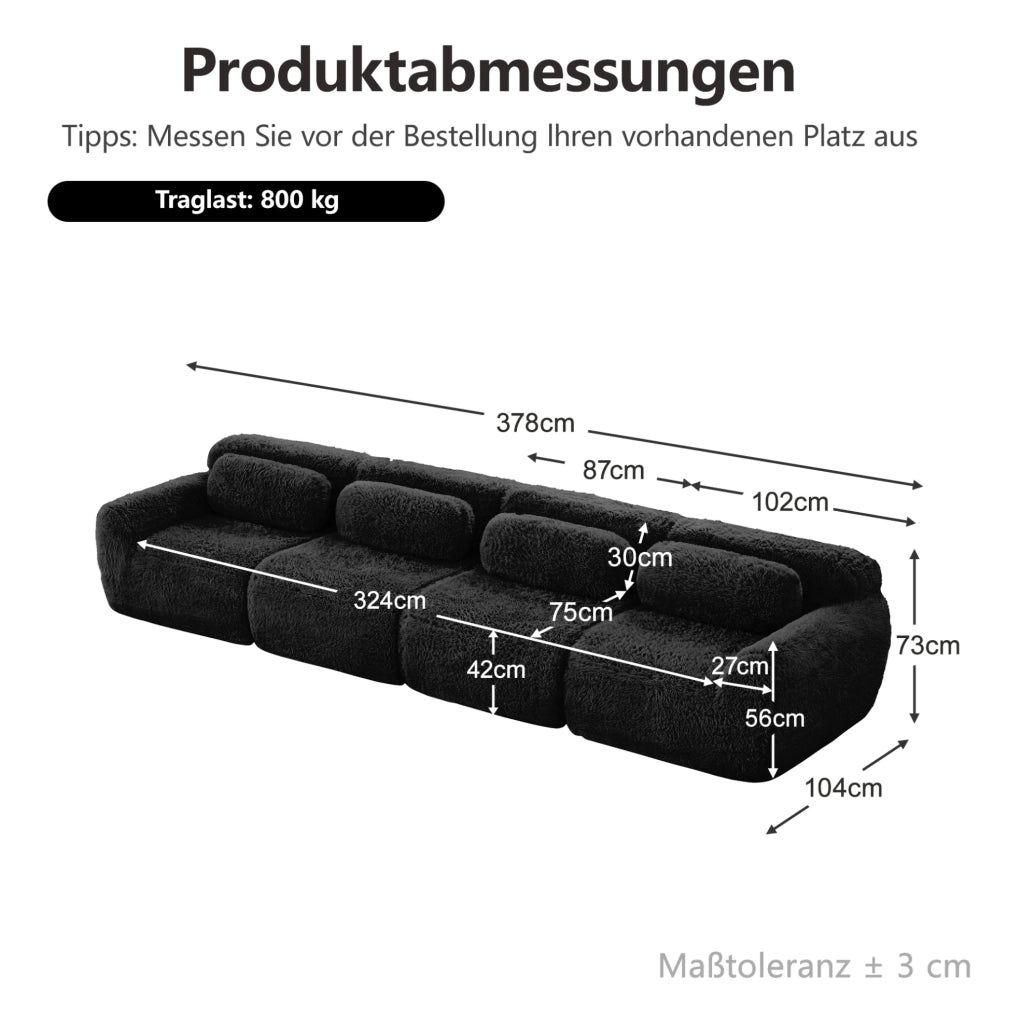 Divano modulare 4 posti senza telaio 378x104x73 cm in tessuto plush nero
