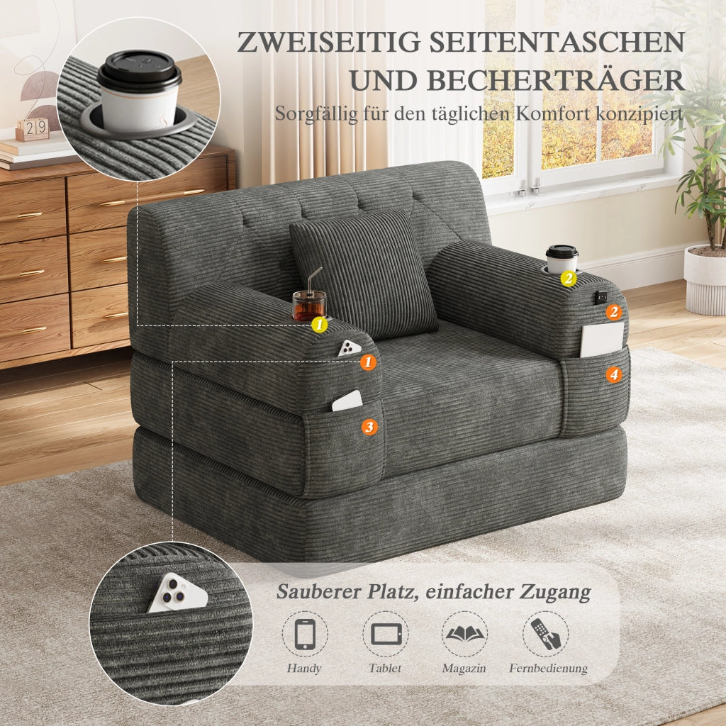 Divano letto singolo in velluto a coste grigio scuro con tasche e portabevande