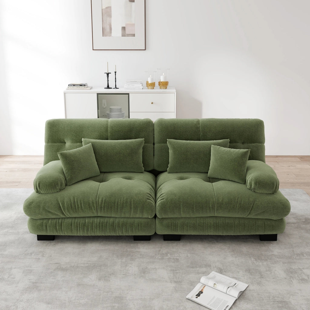 Divano modulare cloud per soggiorno con cuscini decorativi e lombari; ciniglia verde