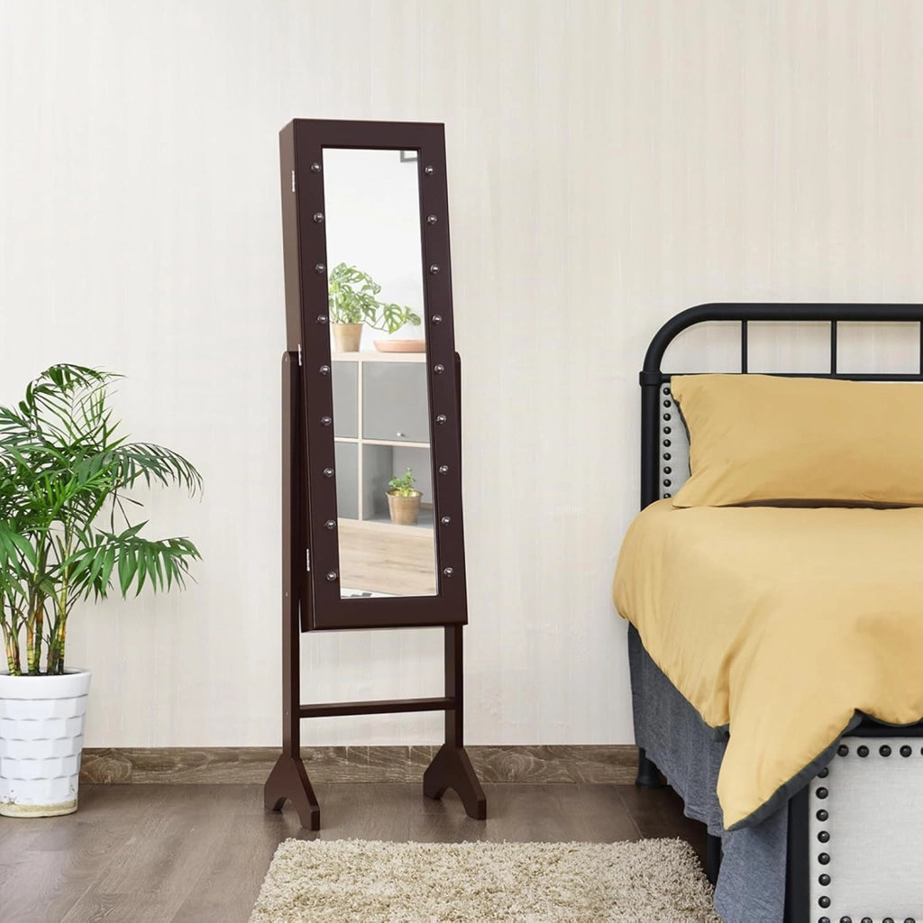 Portagioie Armadietto Specchiera con 18 Luci LED, Specchio a Figura Intera, Organizer per Gioielli Moderno Elegante, 145x35x31,5cm (Marrone)
