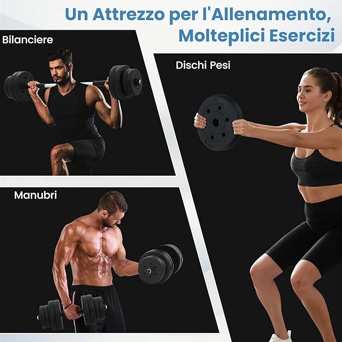 Set di Manubri Regolabili da 2 Pezzi, Peso Totale 30 Kg, Bilanciere da Palestra con Barra di Collegamento e Copertura Protettiva in Gomma, Attrezzature per Allenamento a Casa