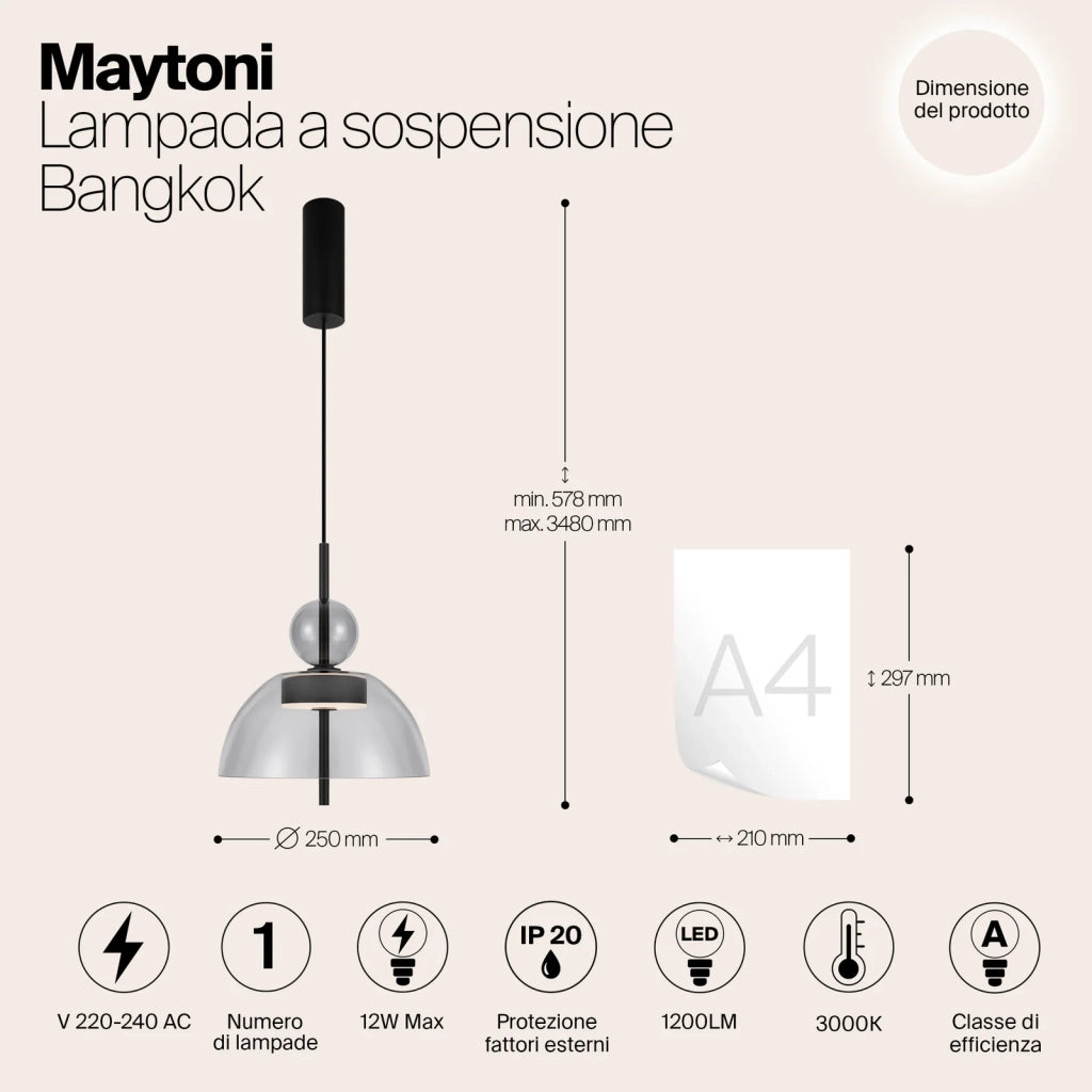 Maytoni Lampadario Moderno Bangkok 1 luce LED integrato nero metallo vetro