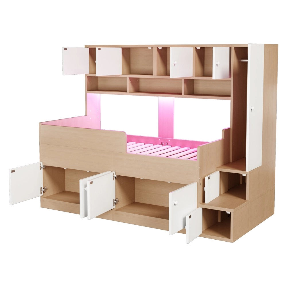 Letto Bambini in Legno con Soppalco, LED, Cassetti e Armadio ¨C Xylo ¨C 90x200
