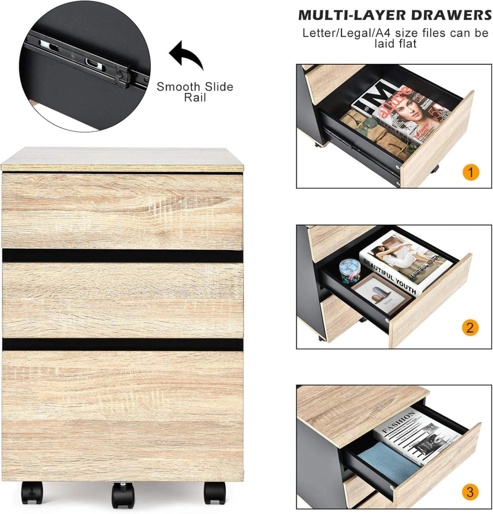 Cassettiera arrotolabile su ruote, armadietto a 3 cassetti, armadietto da ufficio, con freni, armadietto da ufficio, con design anti-ribaltamento, colore: naturale