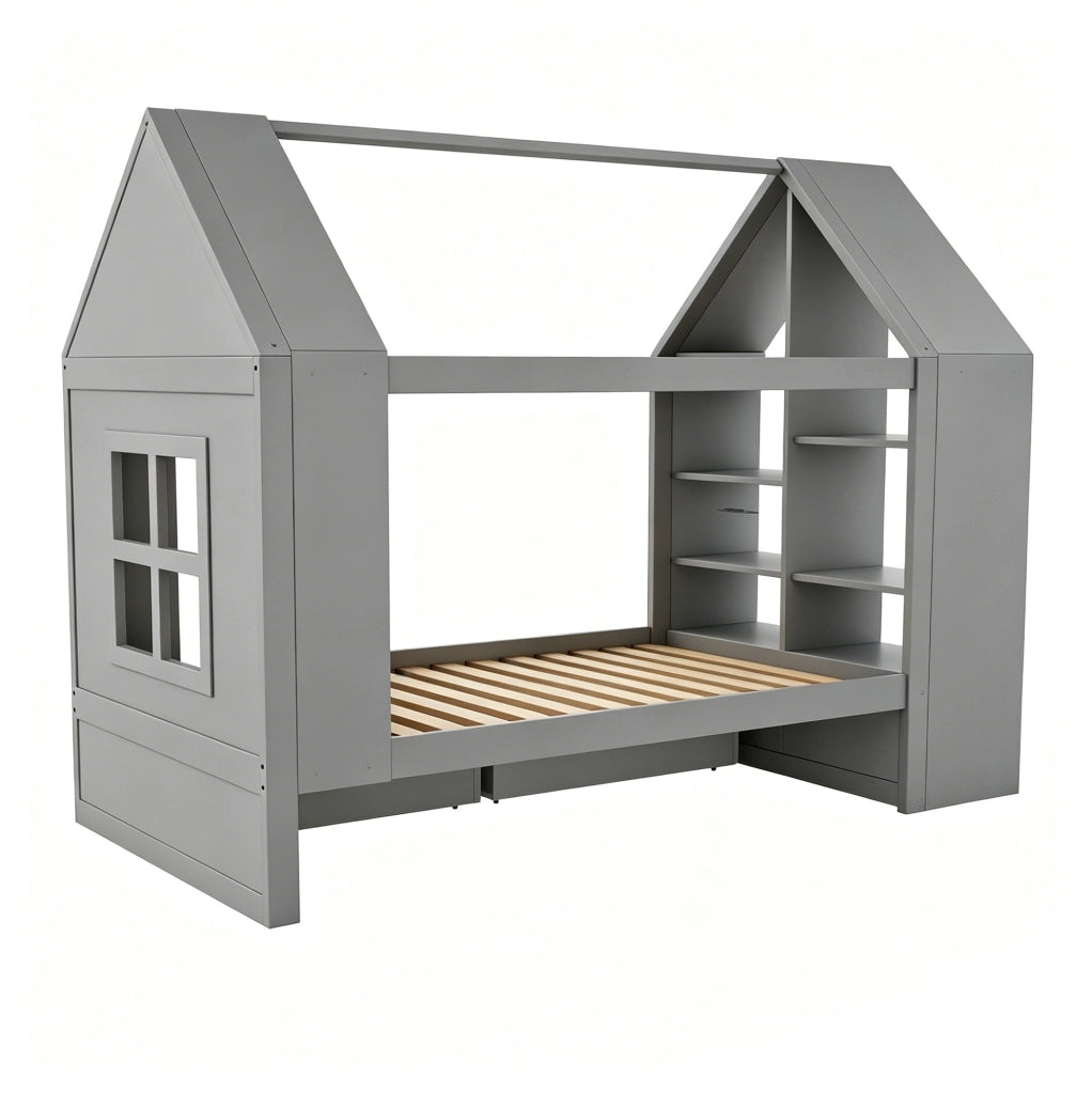 Letto a casetta per bambini 90x200 cm con 2 cassetti; LED e spazio contenitore; grigio