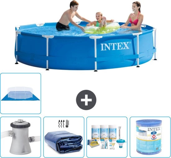 Piscina a Rondello - 305 x 76 cm - Blu - Incluso Pomp, Ombrello Solare, Kit di Manutenzione, Filtro, Telo di Copertura, Matrice Solare