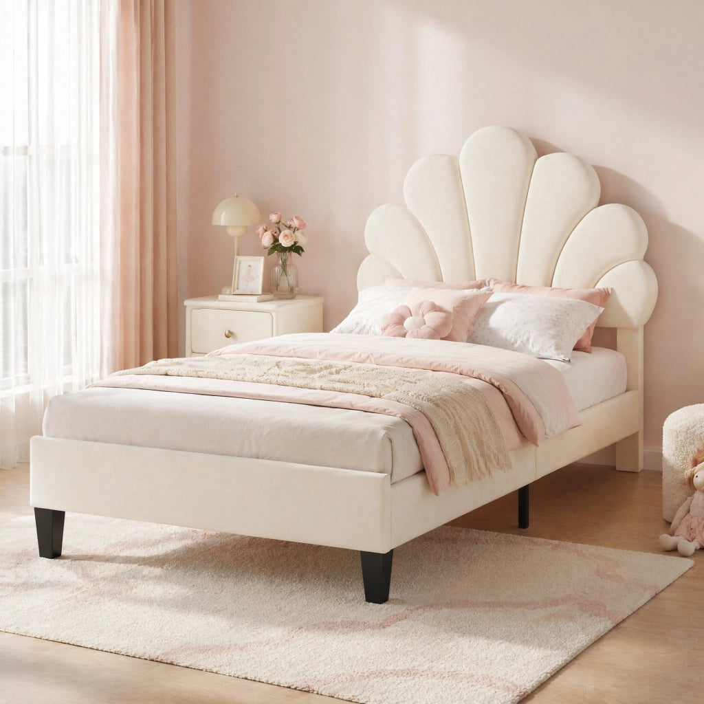 Letto imbottito 90x200 cm con testiera floreale beige