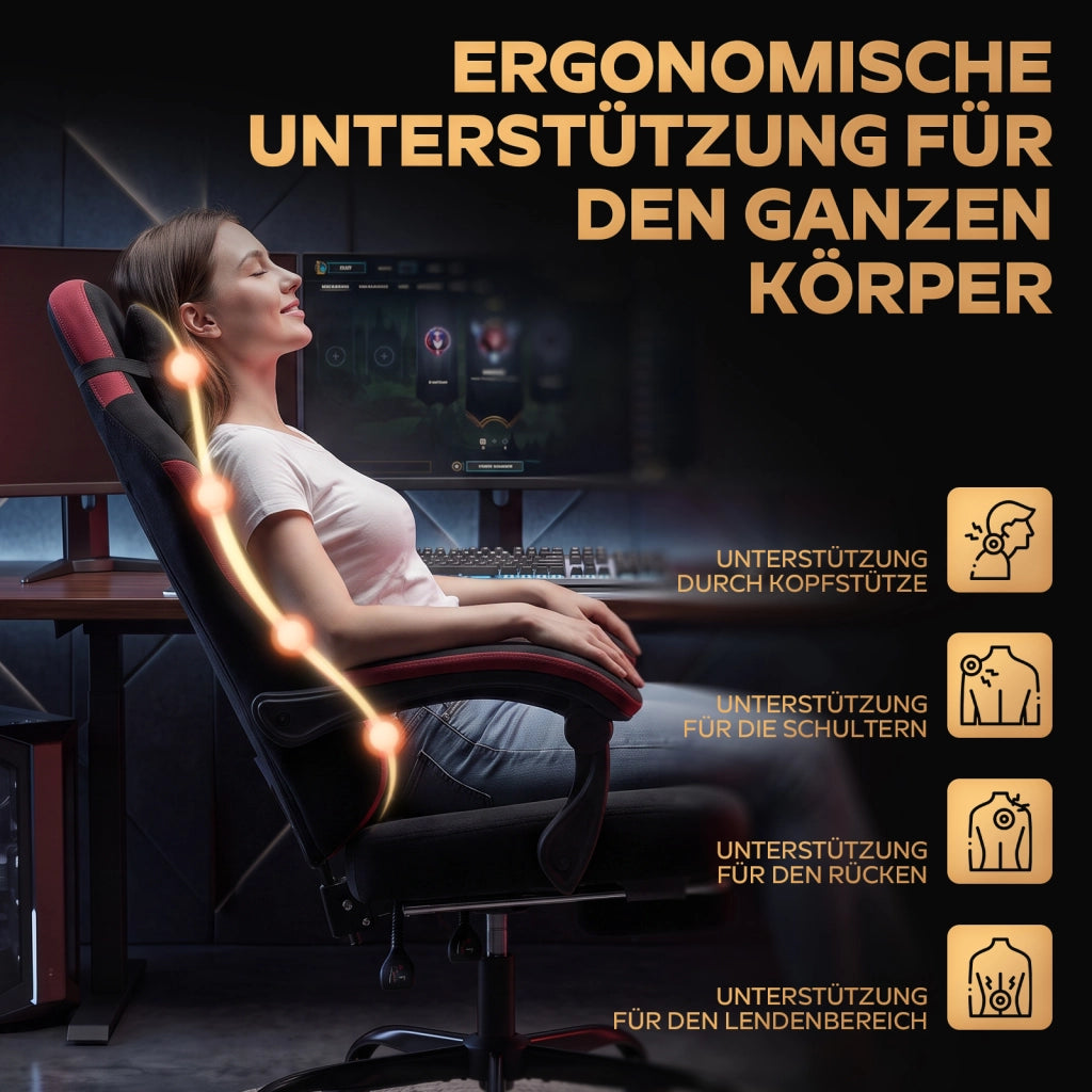 Sedia da gaming ergonomica in tessuto nero e rosso