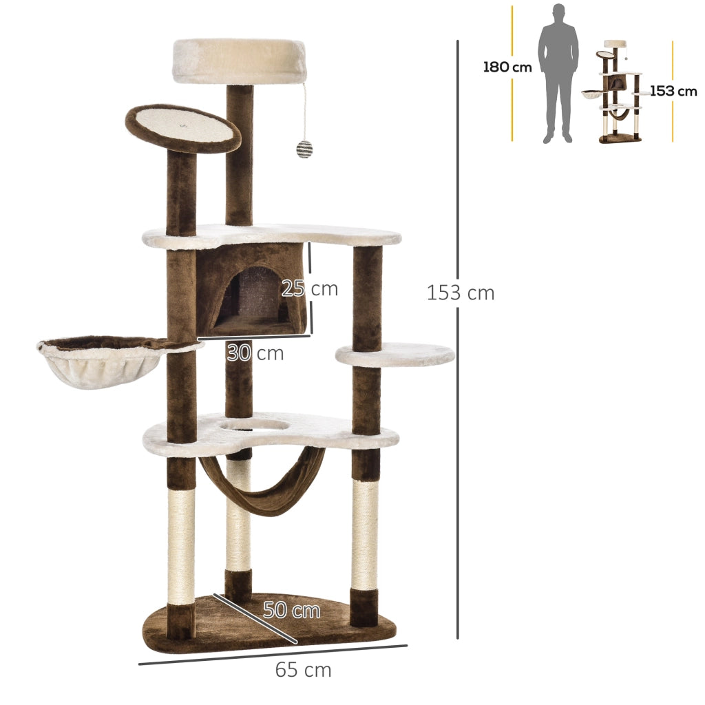 Albero Tiragraffi per Gatti con Cuccia, Amaca e Pallina in Peluche, Marrone, Struttura in Plywood