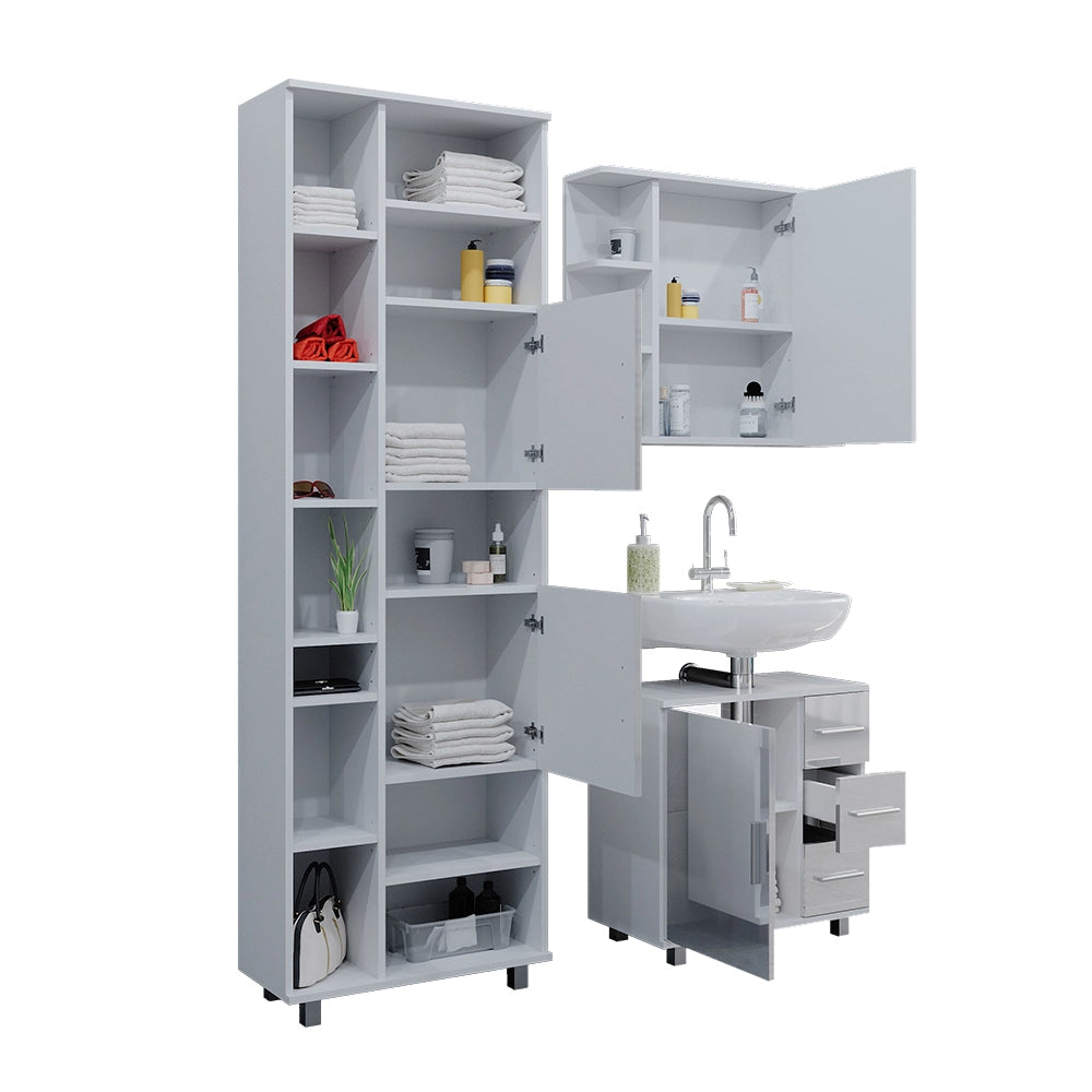 Vicco Set mobili bagno Bianco lucido 3 parti, con armadio alto