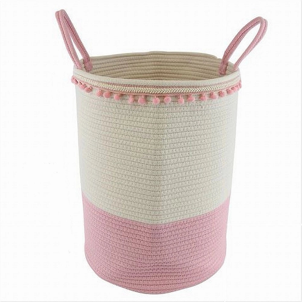 Trade Shop - Cesto Portaoggetti Per Biancheria In Corda Pon Pon Rosa Con Manici 35x45cm 10668 -