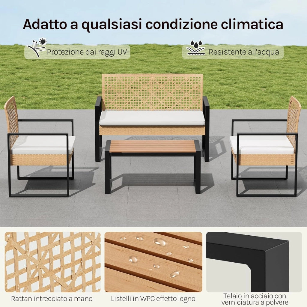 Set di Mobili da Esterno, Tavolo, Divano a 2 Posti e 2 Poltrone con Cuscini Rimovibili, Salotto da Giardino, Resistente alle Intemperie, per Terrazza, Balcone, Colore Legno Naturale