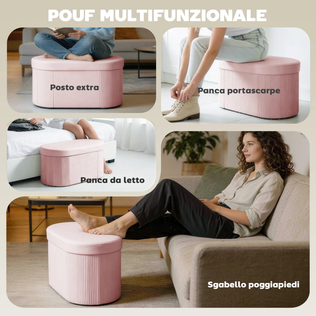 Pouf Contenitore Pieghevole 76x38x35 cm con Vano da 72L e Rivestimento in Velluto Rosa