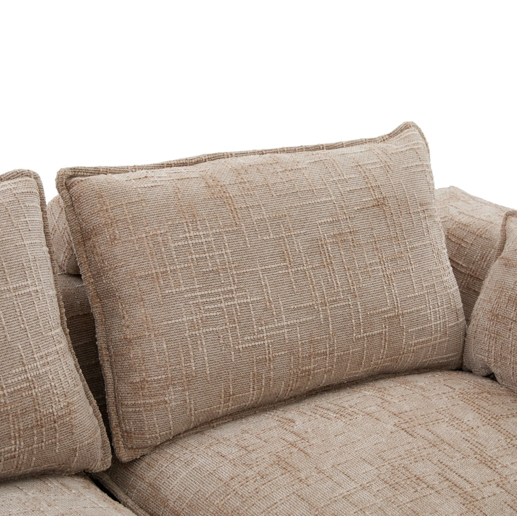 Divano modulare 4 posti in tessuto chenille kaki con 2 pouf, cuscini, portabicchieri e tasche laterali