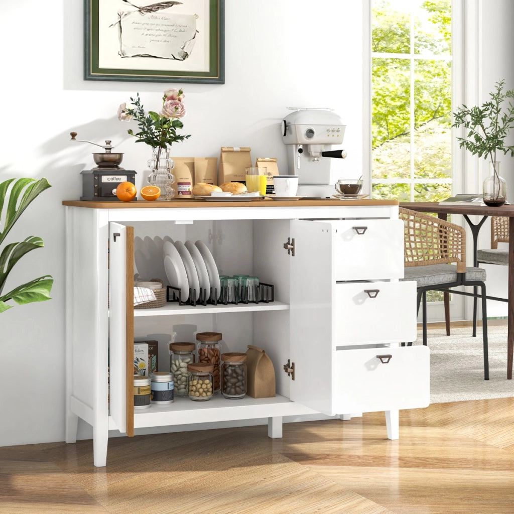 Credenza buffet-Armadio da cucina con 2 porte e 3 cassetti estraibili, Mobile da cucina in legno con kit anti-ribaltamento Naturale Bianco