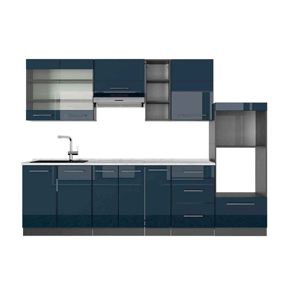 Cucina componibile Fame-Line Blu scuro lucido/Antracite 280 cm, PL Marmo Vicco