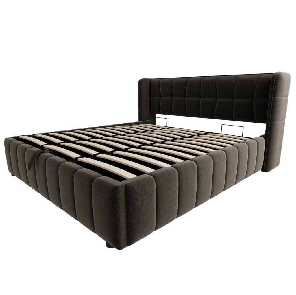Letto imbottito 213x188x101 cm con vano contenitore in tessuto grigio