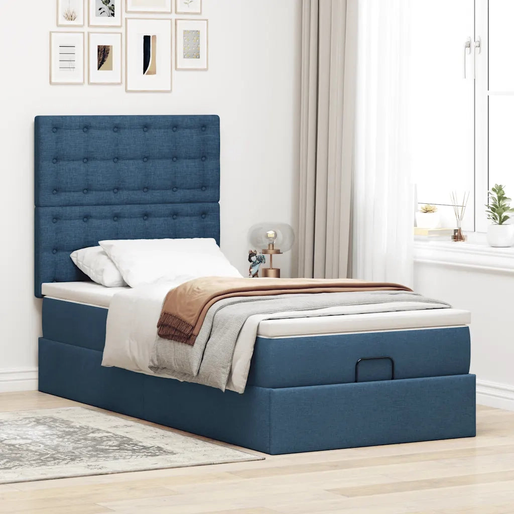 Struttura Letto Pouf con Materasso Blu 90x190 cm in Tessuto