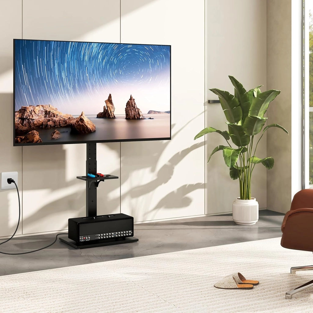 Supporto TV da Pavimento da 32-70 Pollici, Piedistallo TV Regolabile in Altezza e Inclinazione con Presa di Corrente e Ripiano AV, Portata 50 kg, Porta TV per Soggiorno