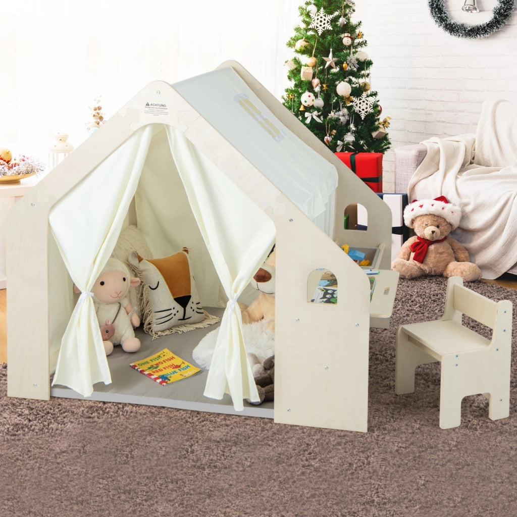 Tenda da gioco per bambini 6-in-1 in legno per interni con lavagna scrivania sedia, Casetta da gioco in legno Beige-Tende e Casette per bambini