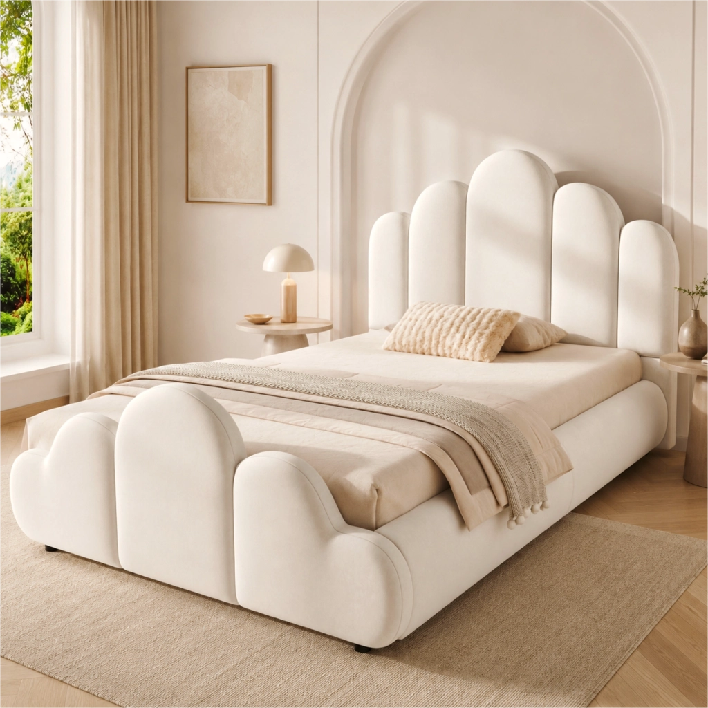 Letto singolo imbottito 90x200 cm in velluto beige con testiera, struttura arrotondata e rete inclusa