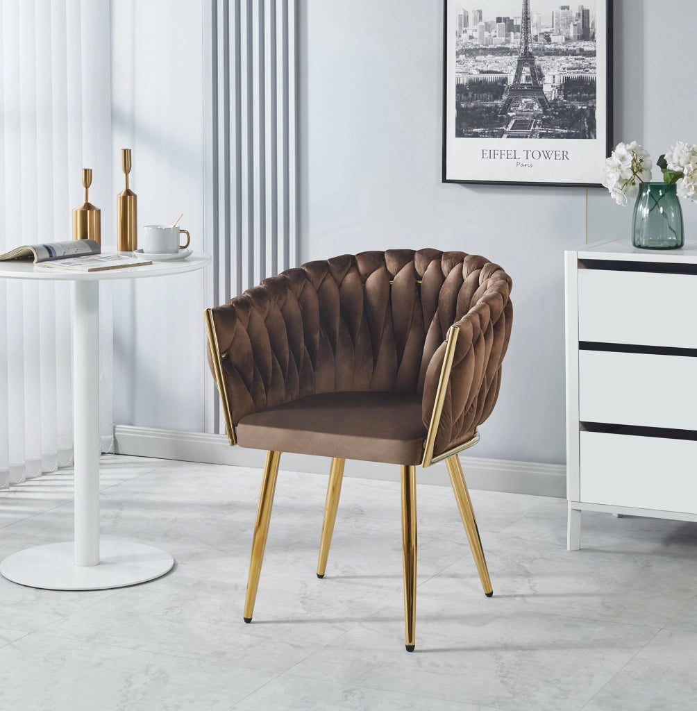 Poltrona Con Schienale In Velluto Intrecciato Design Moderno, Sedia Imbottita Circolare con Gambe in Metallo Placcato Oro Poltroncina  - Marrone