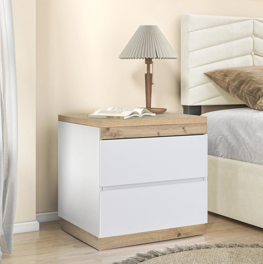 Comodino ULEVR con 2 cassetti, mobile da camera da letto in pannello truciolare E1 bianco e rovere