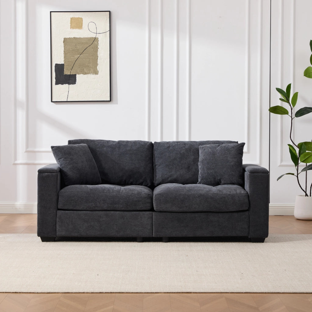 Divano a 2 posti con contenitore nei braccioli e tasche laterali, cuscini inclusi, in chenille grigio scuro