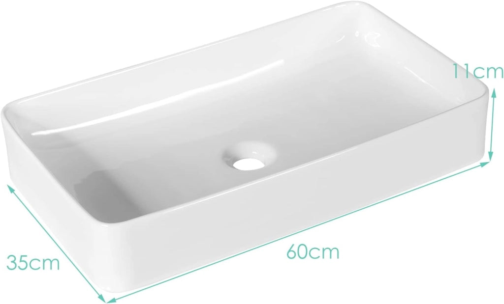 Lavabo da Bagno in Ceramica, Lavandino da Bagno Rettangolare 60 x 35 cm, con Scarico a Scomparsa, Ideale per Casa Ristorante Hotel, Bianco
