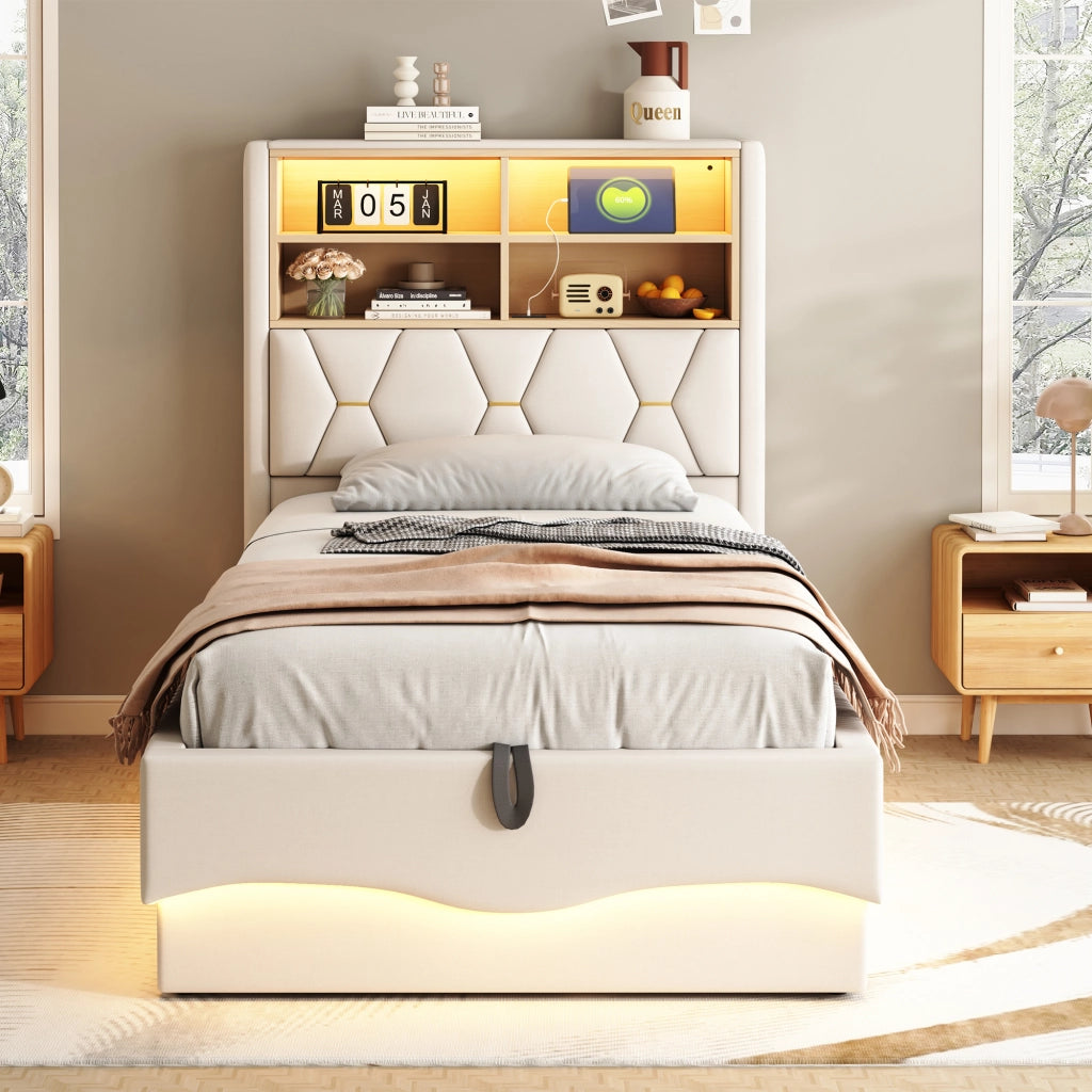 DESMIU Lit enfant 90 × 200 cm con LED, USB, vano contenitore, senza materasso, beige