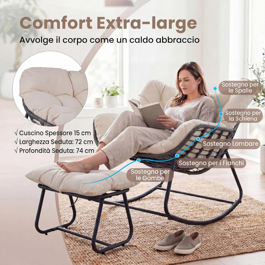 Sedia a Dondolo da Interno ed Esterno, Poltrona a Dondolo con Poggiapiedi e Cuscini Rimovibili, Poltrona Relax in Rattan con Telaio in Metallo per Soggiorno e Giardino, Portata 150 kg (Beige)