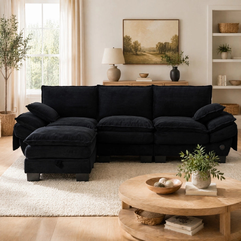 DIVANO modulare 3 posti con pouf 260x132x84 cm Corduroy nero