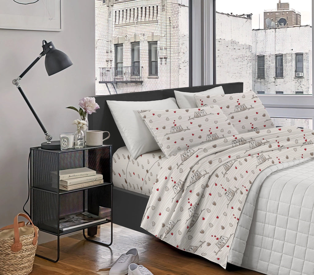 Completo Letto Lenzuola Matrimoniale,100% Cotone, Set letto, Lenzuolo Sopra, Sotto e Federe 2 Piazze Gufi