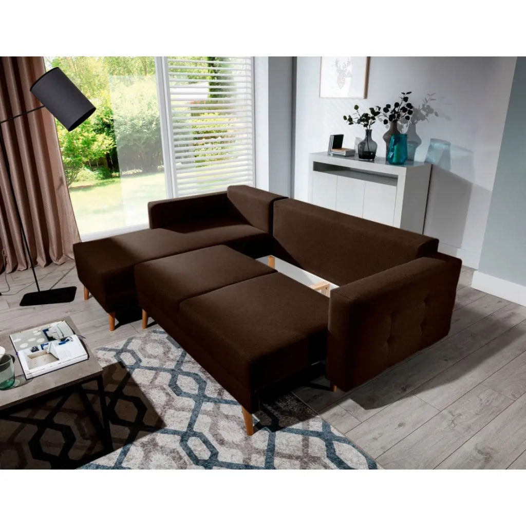 Divano angolare convertibile HASGARD 3 posti marrone 248x162 cm – cassapanca e piedi in legno