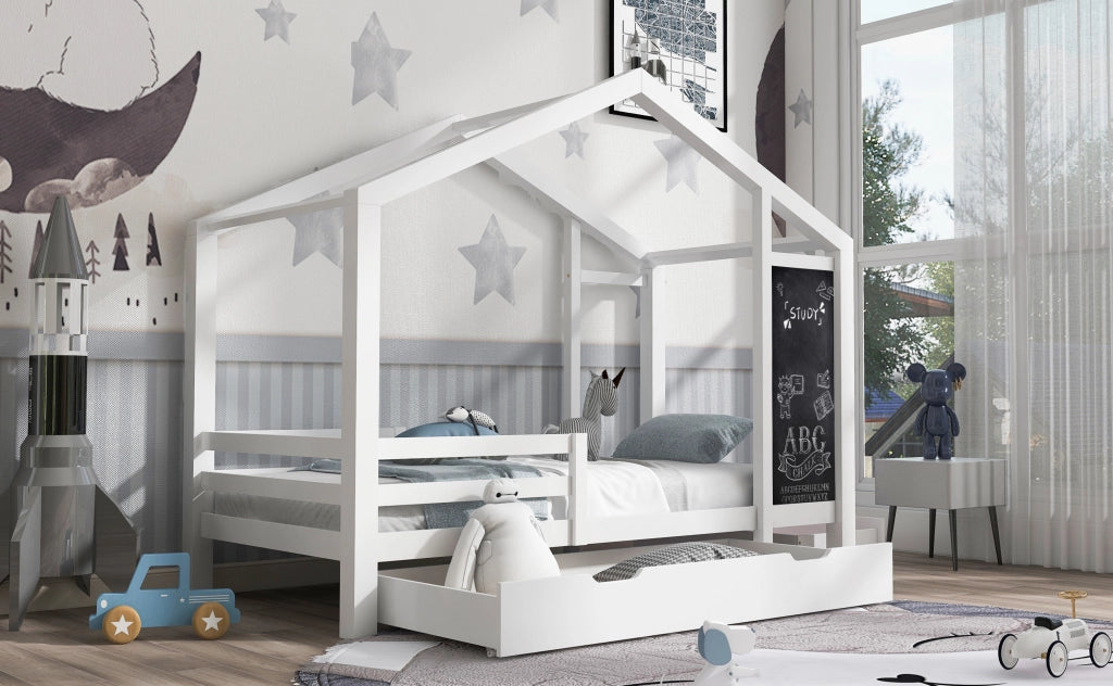 DESMIU Letto a casetta per bambini 90 × 200 cm singolo con lavagna, 2 cassetti e barriere, senza materasso