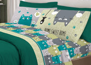 Completo Lenzuola Letto Pensieri Delicati 100% Cotone Disegno Happy Cat - Singolo - Verde
