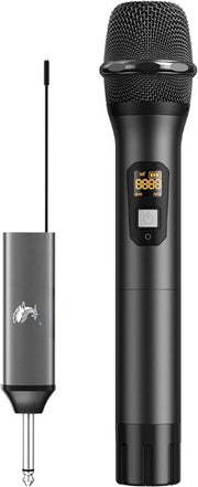 Microfono a UHF a Batteria Metallico Manuale a Trasmissione Senza Fili Systeem con Ricevitore Ricaricabile 1/4 Uscita per Amplificatore Systeem PA Macchina da Karaoke 200ft TW620 Nero