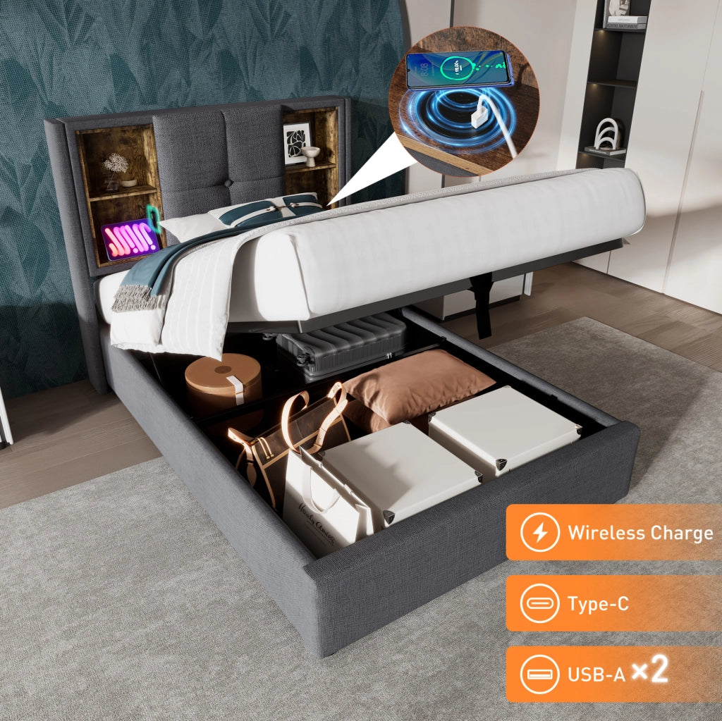 Letto imbottito ULEVR 90x200 cm con contenitore a gas, ricarica wireless, 2 USB e Type-C, grigio