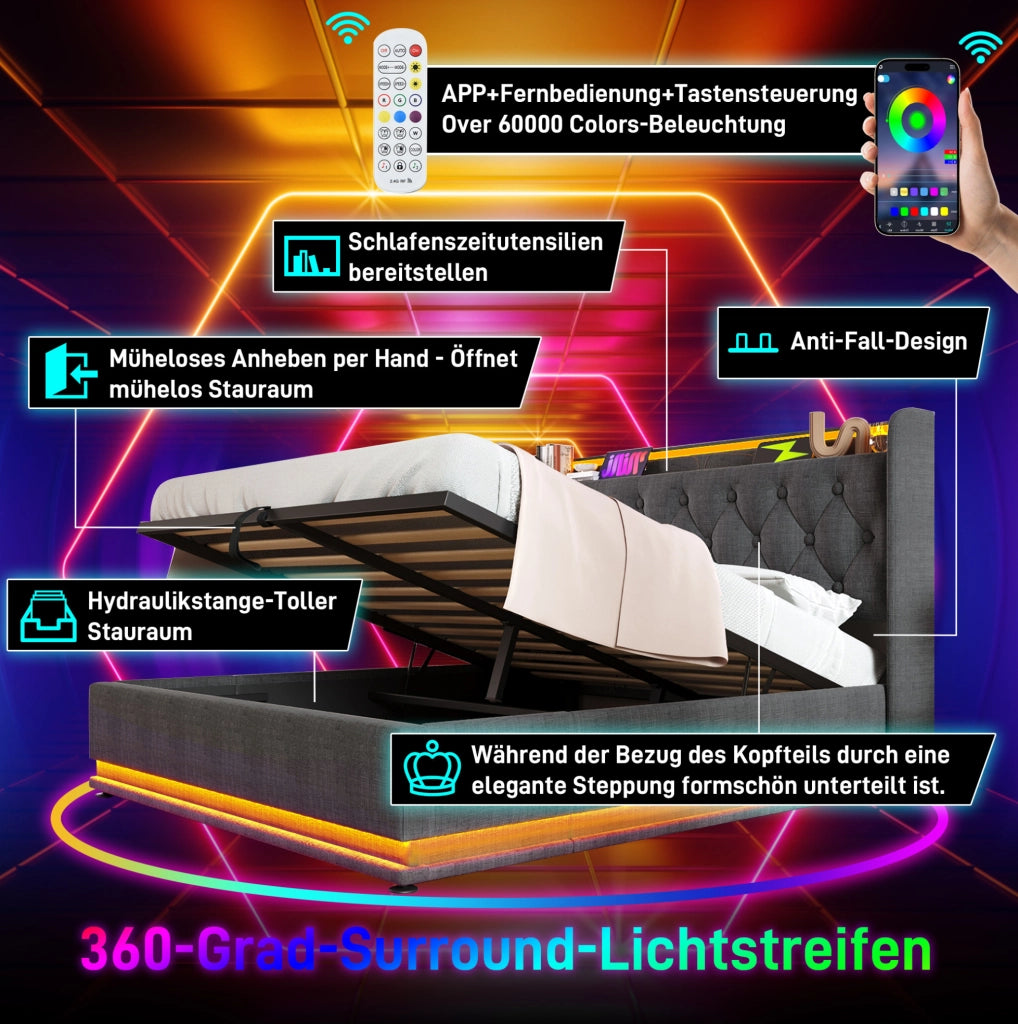 Letto matrimoniale 140x200 cm grigio con LED, USB-C e materasso