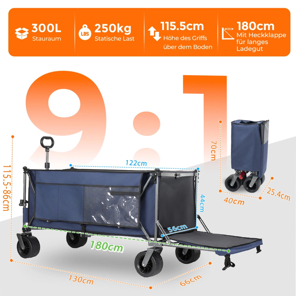 Carrello pieghevole blu con sponda estensibile e ruote da terreno