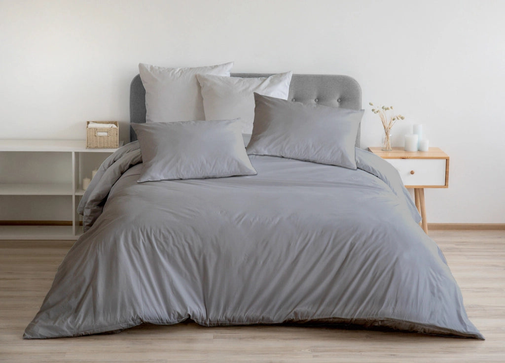 Completo Lenzuola In 100% Cotone Percalle Made In Italy Tinta Unita - Matrimoniale - Grigio