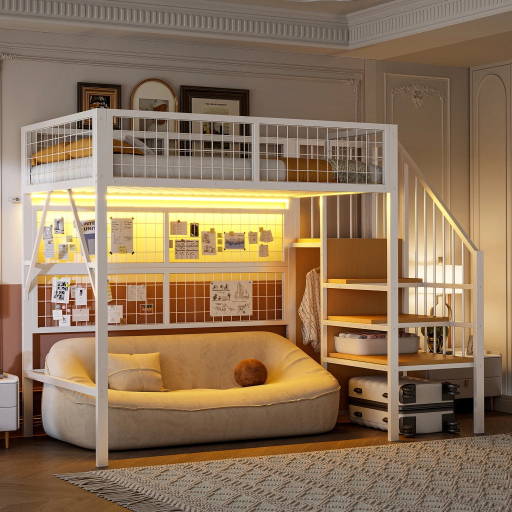 Letto a soppalco singolo con scala contenitore; armadio aperto e LED; 90 × 200 cm; senza materasso