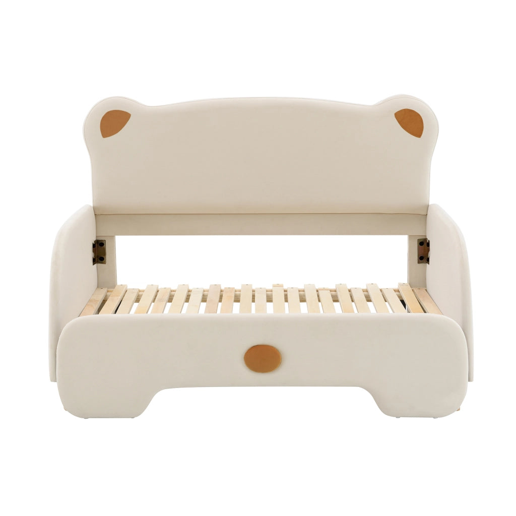 Letto matrimoniale imbottito a forma di orso con secondo letto estraibile; in velluto beige