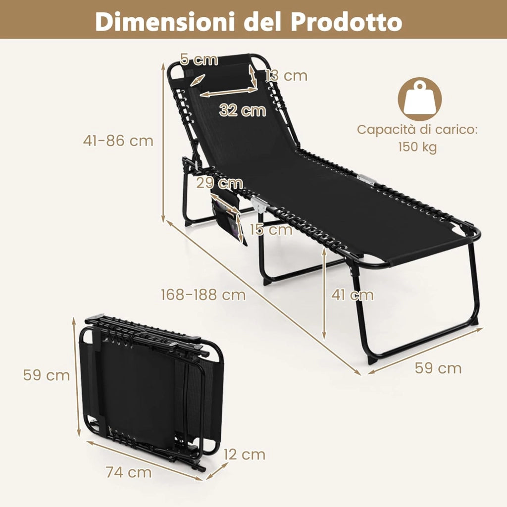 Lettino da Spiaggia Pieghevole Portatile, Sdraio da Mare con Schienale Regolabile 4 Posizioni, Tasca Laterale e Poggiatesta Staccabile, per Giardino e Campeggio, Portata 150 kg (Nero)
