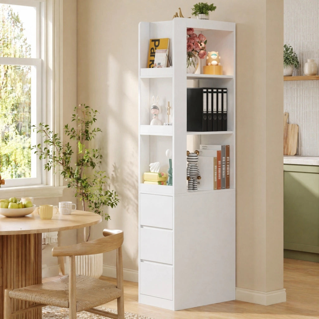 Libreria stretta alta 200 cm con 3 ripiani aperti e 3 cassetti, bianca, struttura in truciolare