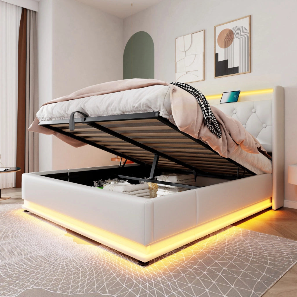 LETTO Contenitore con LED e USB Tipo-C 160x200 cm PU Bianco
